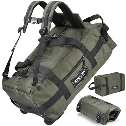 STOVER 45/80/100L Carry-On Rolling Duffel Bag with Wheels, Medium Durable Travel Duffle w/Toiletry Bag, Packable, Foldable with Shoulder Straps- Use as Luggage or Backpack, Men/Women (Green)