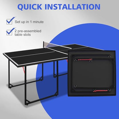6x3ft Ping Pong Table, Mid-Size Portable Table Tennis Table Set with Net, 2 Table Tennis Paddles and 3 Balls for Kids & Adults, Not Full Size, Space-Saving Design