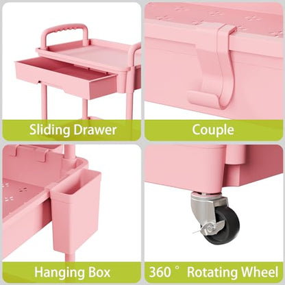 Sorgion 3 Tier Rolling Cart Organizer,Laundry Room Bathroom Organizers and Storage Office Shelves Mobile Shelving Unit Kitchen Trolley Cart with Wheels for Art,Craft,Diaper,Bedside,Snack(Pink) - size: 3Tier-Pink