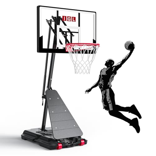 IGL Portable Basketball Hoop Outdoor, 40/44/48 Inch PC Backboard, 5.5–10 FT Height Adjustable Basketball Goal System, Stable Angled Pole, Fillable Base with Wheels for Kids, Youth & Family - color: Black, size: 44in Backboard