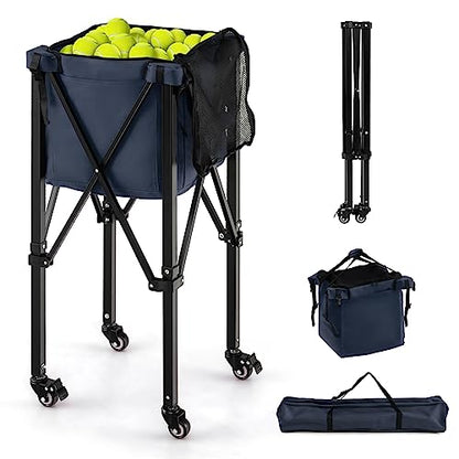GYMAX Tennis Ball Hopper, Folding 150 Tennis Ball Holder Cart with Carry Bag, Easy Assembly Frame, Removable Bag & 4 Universal Wheels, Portable Durable Tennis Ball Basket for Ball Pickup - color: Navy Blue