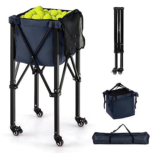 GYMAX Tennis Ball Hopper, Folding 150 Tennis Ball Holder Cart with Carry Bag, Easy Assembly Frame, Removable Bag & 4 Universal Wheels, Portable Durable Tennis Ball Basket for Ball Pickup - color: Navy Blue