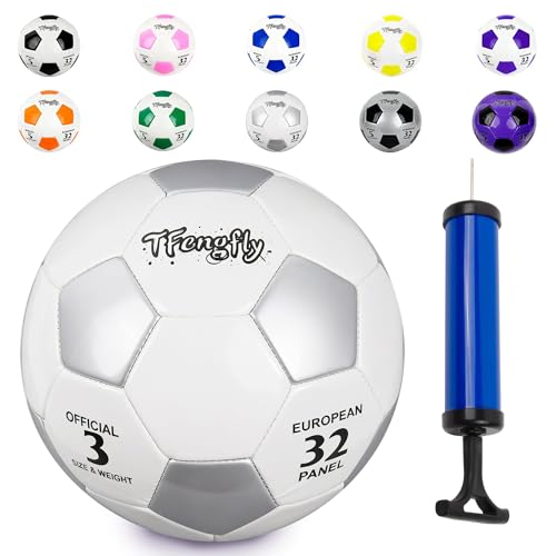 Soccer Ball Size 3 with Pump Needle, Size 3 Trainning Classic White Black Thicker PU Tight Weaved Suitable for Youth Boy League Game Trainning - color: White+Silver