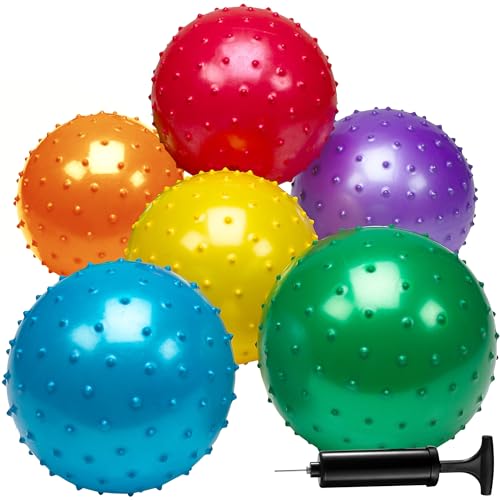 Bedwina Knobby Balls - Bulk 7 Inch Sensory and Spiky Massage Stress Balls for Toddlers, with Pump, Fun & Bouncy for Toddler, Kids Party Favors, Stocking Stuffers - style: 6-Pcs