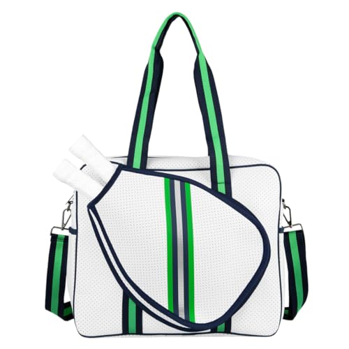Brooklyn Pickleball Bag - Women's Pickleball Bag with fence hook, Quality Construction, Functional And cute Design - color: White Navy/Green/Silver