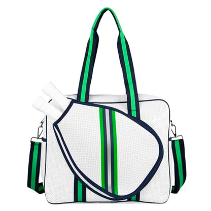 Brooklyn Pickleball Bag - Women's Pickleball Bag with fence hook, Quality Construction, Functional And cute Design - color: White Navy/Green/Silver