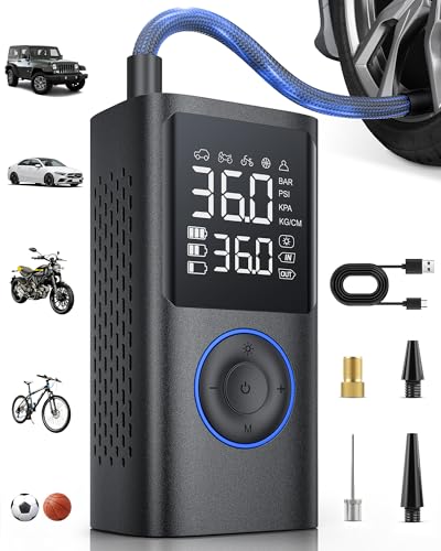 Powools Tire Inflator Portable Air Compressor, 150 PSI Cordless Bike Pump, Air Pump for Auto, Motorcycle, Bicycle, Balls with Pressure Gauge, LED Light & Car Accessories, Blue, Standard Capacity - color: Blue, size: Standard Capacity