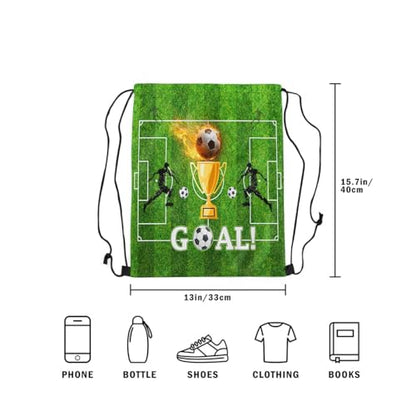 Castle Fairy Football Trophy Drawstring Bags,Modern Sports Game Drawstring Backpack for Gym Lover,Abstract Soccer Field Large Capacity Sackpack - color: Green Golden
