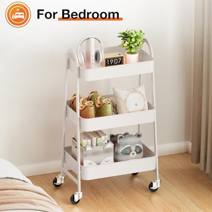 NEWBULIG 3-Tier Rolling Storage Cart, Metal Mobile Utility Organizer Shelf with Lockable Wheels, Space-Saving Freestanding Storage for Bathroom Living Room and Narrow Corner Spaces, White