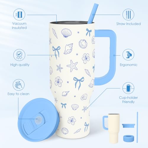 SANDJEST Beach 40oz Tumbler with Handle and Straw, Insulated Stainless Steel Travel Coffee Mug for Women Girls Beach Lovers, Gift Idea for Birthday Christmas Mothers Day Summer Vacation (Blue) - color: Beach Lover