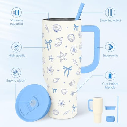 SANDJEST Beach 40oz Tumbler with Handle and Straw, Insulated Stainless Steel Travel Coffee Mug for Women Girls Beach Lovers, Gift Idea for Birthday Christmas Mothers Day Summer Vacation (Blue) - color: Beach Lover