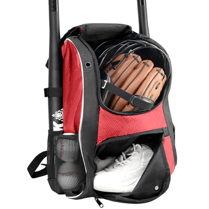 Youth Baseball Bag, Lightweight Softball Bag with Shoes Compartment, Baseball Backpack with Fence Hook for TBall Bat & Equipment - color: Red