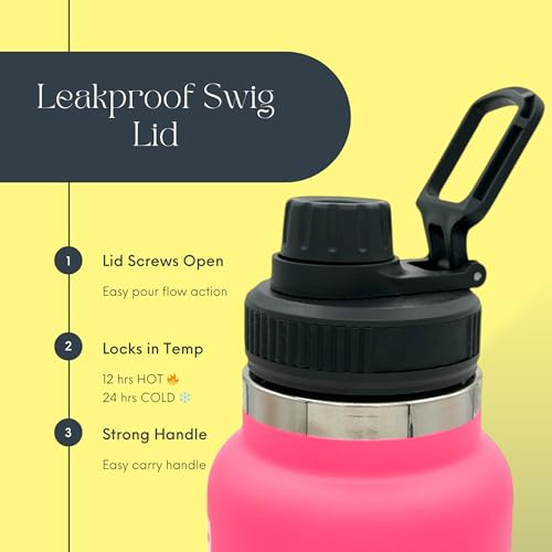 Maui Pickleball Co.™ Pickleball Water Bottle 32oz Insulated Stainless Steel Water Bottle PickleBall Accessories Pickleball Gifts SWIG Lid with Carry Handle - color: Hibiscus Pink Swig