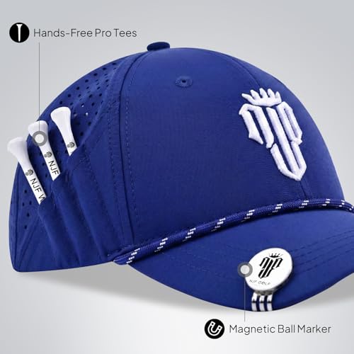 NJF Golf Hat Men - Breathable Mens Golf Hats, Adjustable Rope Hook and Loop Style Cap, Convenient Cap with Tee Holder - color: Navy Blue