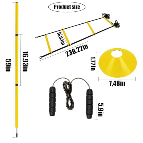 Soccer Agility Training Equipment, 6 Adjustable Soccer Training Agility Poles, 1 Speed Agility Ladder,10 Soccer Agility Cones for Training, 1 Jump Rope + Storage Bag for Youth Soccer Drills - color: yellow