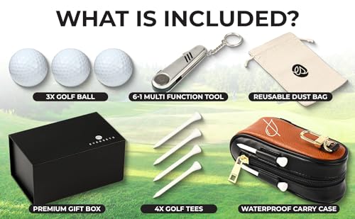 Spring Golf Tournament Prize Gift for Men and Women - Luxury Golf Accessories Set, Vegan Leather Case, 3 Golf Balls, Tees, Divot Tool Knife & Bag with Hook