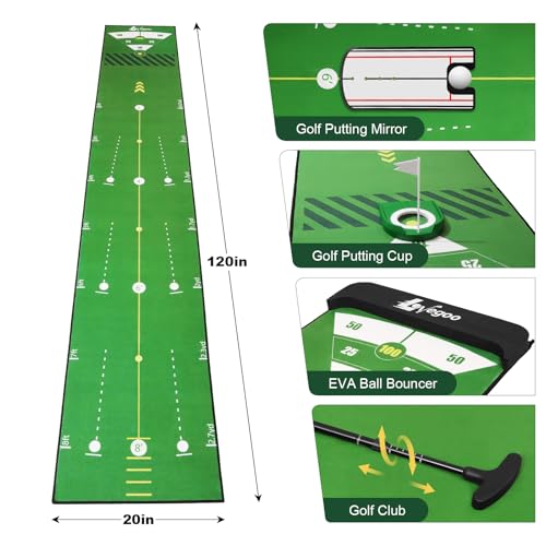 Golf Practice Mat with Alignment Mirror - 20 in X 120in Golf Putting Mat Training Aid Mat, Anti-Slip Backing Golf Putting Green for Indoor/Outdoor