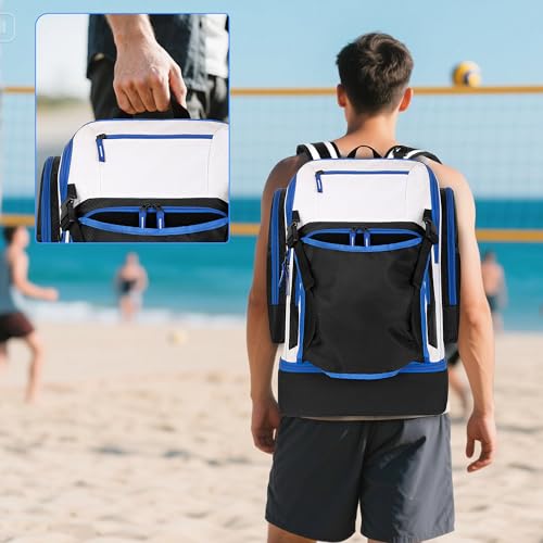 Volleyball Bag with External Ball Holder, Volleyball Backpack with Separate Shoe Space, Multiple Pockets and Adjustable Shoulder Strap for Soccer, Basketball and Gym Exercise - color: White/Blue