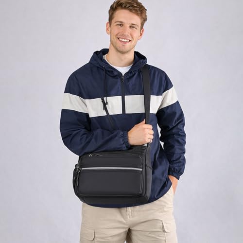 Mudono Messenger Bag for Men Nylon Waterproof Shoulder Bag Multi-pocket Crossbody Bag Daily Travel Bag Lightweight Satchel - color: Black