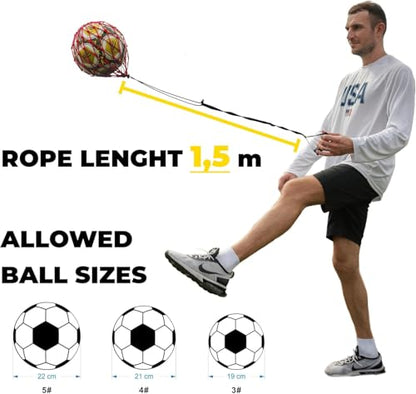 Handle Solo Soccer Kick Trainer with New Ball Locked Net Design, Soccer Ball Bungee Elastic Training Juggling Net (Fits Ball Size 3, 4, 5) - color: Red