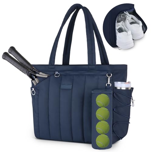 Quilted Tennis Tote Bag for Women Gym Duffle Bag with Shoe Compartment & Wet Pocket Fits 2-4 Rackets and 15.6" Laptop Overnight Weekend Sports Bag with Fence Hook(Large size) - color: Navy
