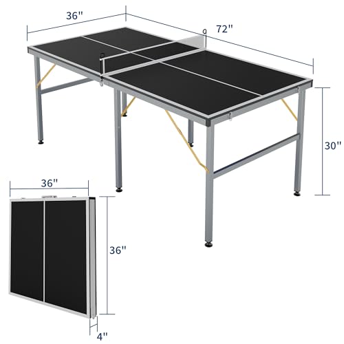 6x3 FT Folding Ping Pong Table, Indoor Outdoor Table Tennis Table with Net, 12mm MDF Portable Table Tennis Set for Home Game Room, Includes 2 Paddles and 3 Balls, Black