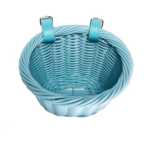 Kids Bike Basket Woven Basket Front Handlebar Wicker Bicycle Basket with Adjustable Straps for Boys Girls Bicycle Scooter - color: Blue