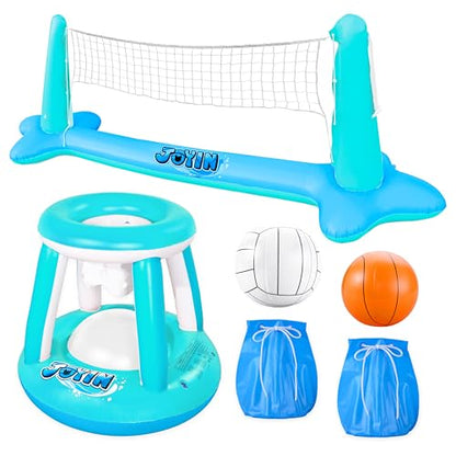 JOYIN XL Inflatable Pool Float Set, 125'' Volleyball Net & Basketball Hoops, Extra Large Floating Swimming Game Toy for Kids and Adults, Summer Floaties, Volleyball Court|Basketball, XL-Blue, Cyan - color: Blue Cyan, size: X-Large