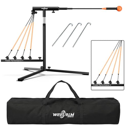 Baseball Softball Swing Trainer with Tripod Base, Adjustable Height Batting Trainer for Solo Hitting Practice, Auto-Return Trainer with 4 Elastic Ropes, Ground Pegs & Carry Bag
