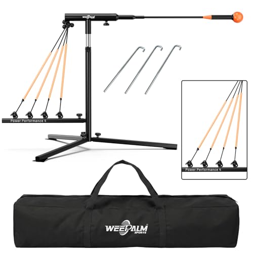 Baseball Softball Swing Trainer with Tripod Base, Adjustable Height Batting Trainer for Solo Hitting Practice, Auto-Return Trainer with 4 Elastic Ropes, Ground Pegs & Carry Bag