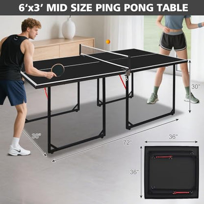6FT Ping Pong Table Foldable Midsize Table Tennis Table for with Net, Table Tennis Paddles and Balls, MDF Multi-Use Family Game Table Assembly Free for Kid Teenager Adult, Compact & Portable