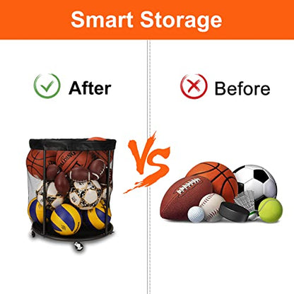 Kingarage Ball Storage Cart, Ball Storage Bin for Balls, 48 Gals Mesh Ball Holder, Basketball Rack with Wheels, Outdoor, Indoor