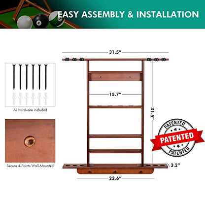 XCSOURCE Pool Cue Rack, 2-in-1 Pool Stick & Ping Pong Paddle Holder, 100% Solid Pine Wood Wall Mount Holds Billiards and Table Tennis Accessories for Man Cave, Billiard Room, Game Room - color: 2-IN-1 Cherry