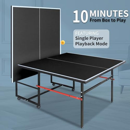 8FT Outdoor Ping Pong Table, Foldable & Portable Table Tennis Set with Net, 2 Paddles & 3 Balls, Game Table with Single Player Playback Mode