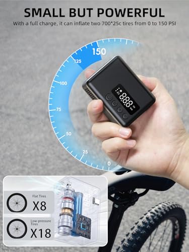 Mini Bike Pump, 30s Fast Inflate Bike Pump with Gauge, 150PSI Portable Bicycle Tire Pump with Auto Stop for Road Bikes, Mountain Bike, E-Bike, Motorcycles, Balls