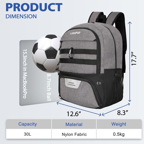LARIPOP Soccer Backpack with Ball Holder & Shoe Compartment Large Capacity Youth Sports Bag for Training - color: Light gray
