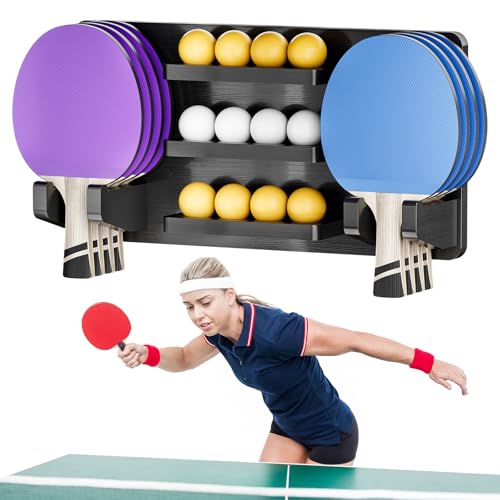 Ping Pong Paddle Holder Wall Mount Hold 8 Paddles and 12 Ball Storage, 100% Solid Wood Ping Pong Paddle Storage Rack, Table Tennis Accessories Organizer in Game Room,Man,Cave,Office,Home, Black - color: Black