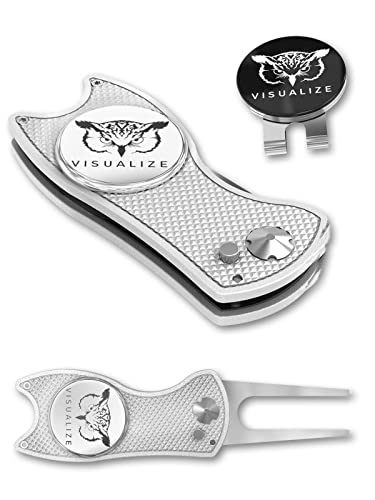 VISUALIZE Elite Switchblade Golf Divot Repair Tool Set with Ball Marker - Sturdy Anodized Aluminum - Perfect Golf Accessory Gift - color: Silver-White
