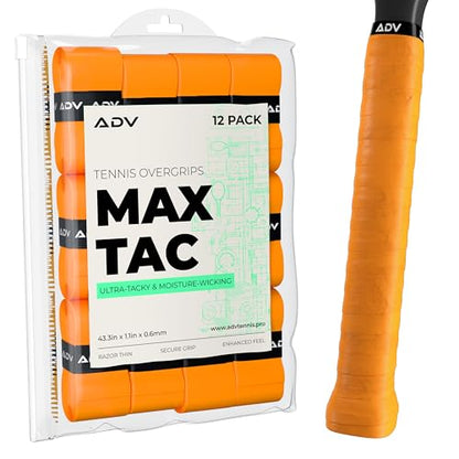 ADV MaxTac Tacky Tennis Overgrip - 12 Pack Extremely Sticky Non-Slip Tennis Grips Overgrip - Razor-Thin & Easy to Use Pro Tennis Racquet Grip Tape (12-Pack Orange)