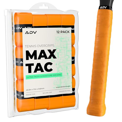 ADV MaxTac Tacky Tennis Overgrip - 12 Pack Extremely Sticky Non-Slip Tennis Grips Overgrip - Razor-Thin & Easy to Use Pro Tennis Racquet Grip Tape (12-Pack Orange)