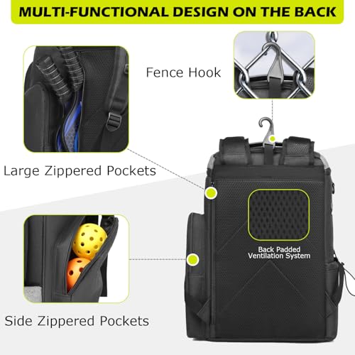 HAMBOLY Pickleball Bag for Men & Women, Large Pickleball Backpack with Shoes Compartment and Cooler, Fence Hook Design - color: Dark Grey + Blue