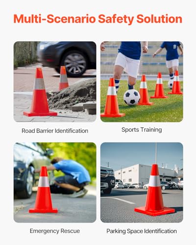 VEVOR 12Pack 18" Traffic Cones, Safety Road Parking Cones PVC Base, Orange Traffic Cone with Reflective Collars, Hazard Construction Cones for Home Traffic Parking - size: 18"(12Cones)