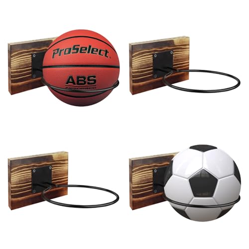 Wall Mount Basketball Holder with Wooden Base, Adjustable Metal Sport Rack for Football Basketball Soccer Rugby Display Rack