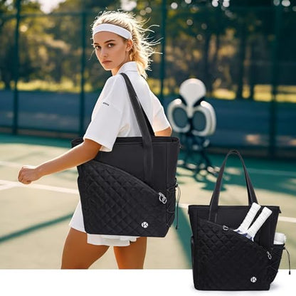 Pickleball Tote Bag for Women with Fence Hook, Quilted Pickleball Bag Holds 3-4 Paddles with Shoe Compartment & Wet Pocket - color: Black