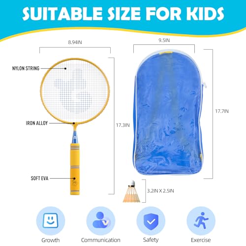 Kids Badminton Rackets Set with Soft Grip, Oversize & Lightweight Shuttlecocks Racquet with Carry Bag for Children Youth, 2 Player Sport Game for Indoor Outdoor Backyard