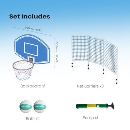 ECOPOOLTECH Pool Basketball Hoop with Backstop Net for Round Above-Ground Pools Only, Height Adjustable Thick PVC Backboard, Sturdy Stainless Steel Frame, Includes Basketball and Pump. - color: Light Blue