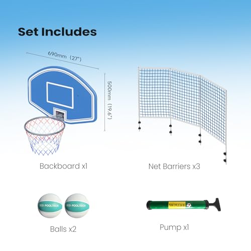ECOPOOLTECH Pool Basketball Hoop with Backstop Net for Round Above-Ground Pools Only, Height Adjustable Thick PVC Backboard, Sturdy Stainless Steel Frame, Includes Basketball and Pump. - color: Navy Blue
