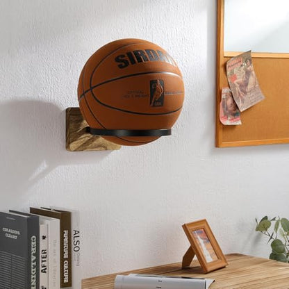 Wall Mount Basketball Holder with Wooden Base – Ball Storage Display Rack for Autograph Basketball, Football, Soccer, Volleyball – Sports Organizer for Player Fans, Home Gym, Bedroom, Garage