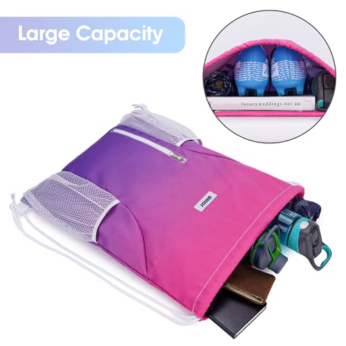 WANDF Drawstring Backpack Sports Gym Sackpack with Mesh Pockets Water Resistant String Bag for Women Men (Rose Red)