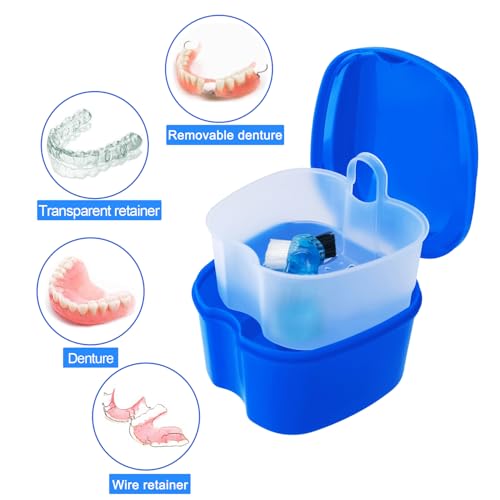 Dental Retainer Cup Holder Mouthguard Cleaning Case with Strainer Basket, Denture Bath Box Storage Cup Holder for Travel Cleaning - Dark Blue